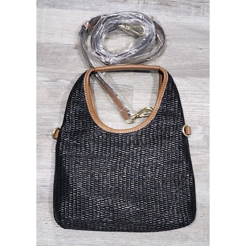 J Jill Straw Leather Trim Small Crossbody Black Top Handle And Detachable Strap - Picture 2 of 9